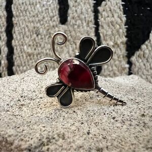 ❤️ Red Dahlia Kingman Turquoise 925 Dragonfly Ring Navajo Southwestern Size 7.75